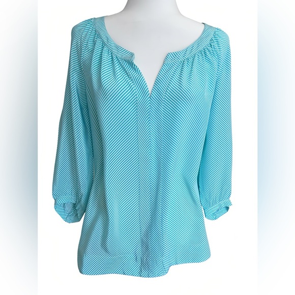 Lilly Pulitzer Moxy Blouse Sz S Turquoise White Stripe 100% Silk 3/4 Sleeve Top - Picture 1 of 11